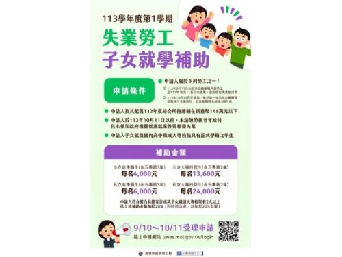 113學年度第1學期失業勞工子女就學補助正式受理申請