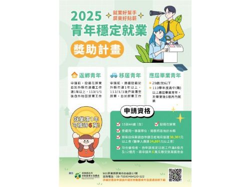 屏東縣政府推出「屏東好貼薪」青年穩定就業獎助計畫，幫助青年開創職涯新未來