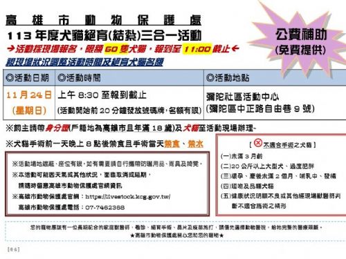 高雄市動物保護處暖心活動，彌陀區免費絕育與健康檢查日